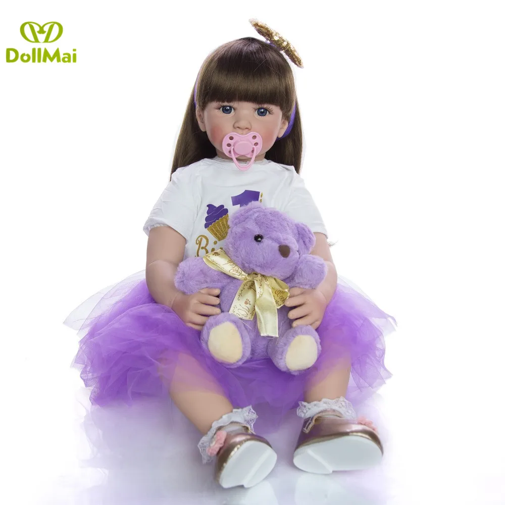 60cm big reborn toddler princess Handmade Silicone vinyl adorable baby doll in purple dress with bear plush bebes - купить по