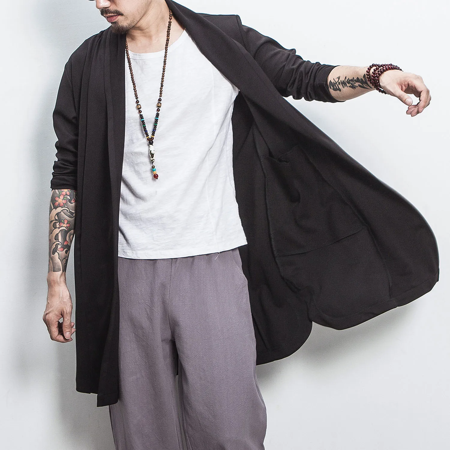 Мужской длинный кардиган в китайском стиле винтажный свободный однотонный