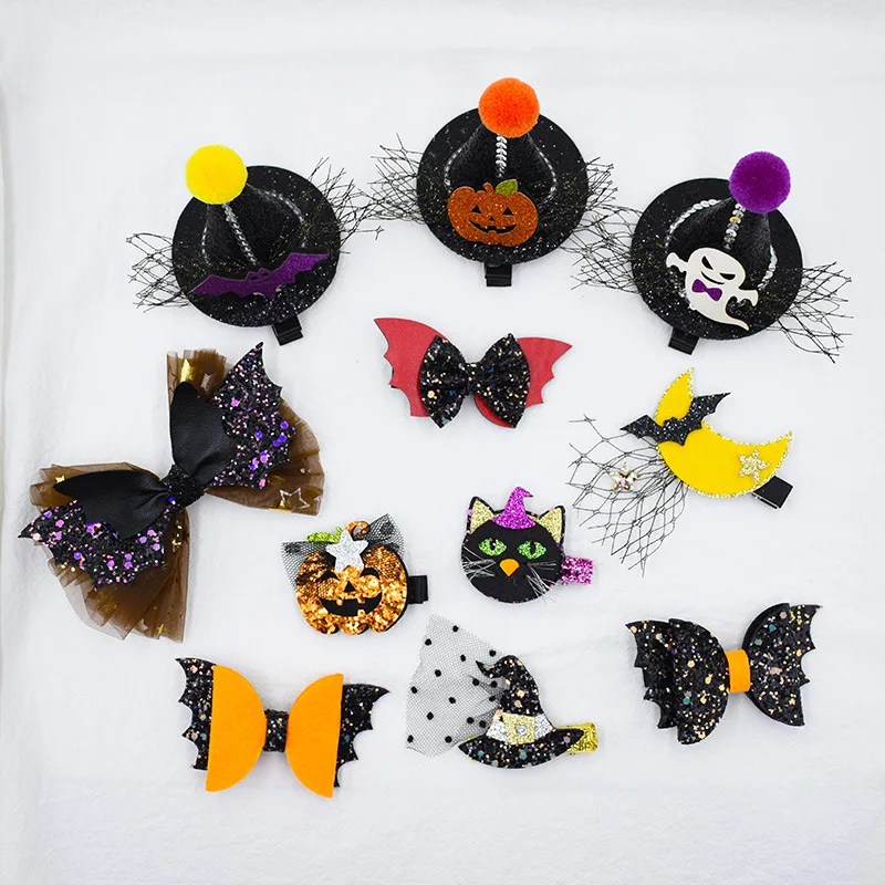 

20pcs Fashion Cute Glitter Bat Star Cat Hat Hairpins Pumpkin Hair Clips Halloween Party Headwear Boutique Hair Accessories