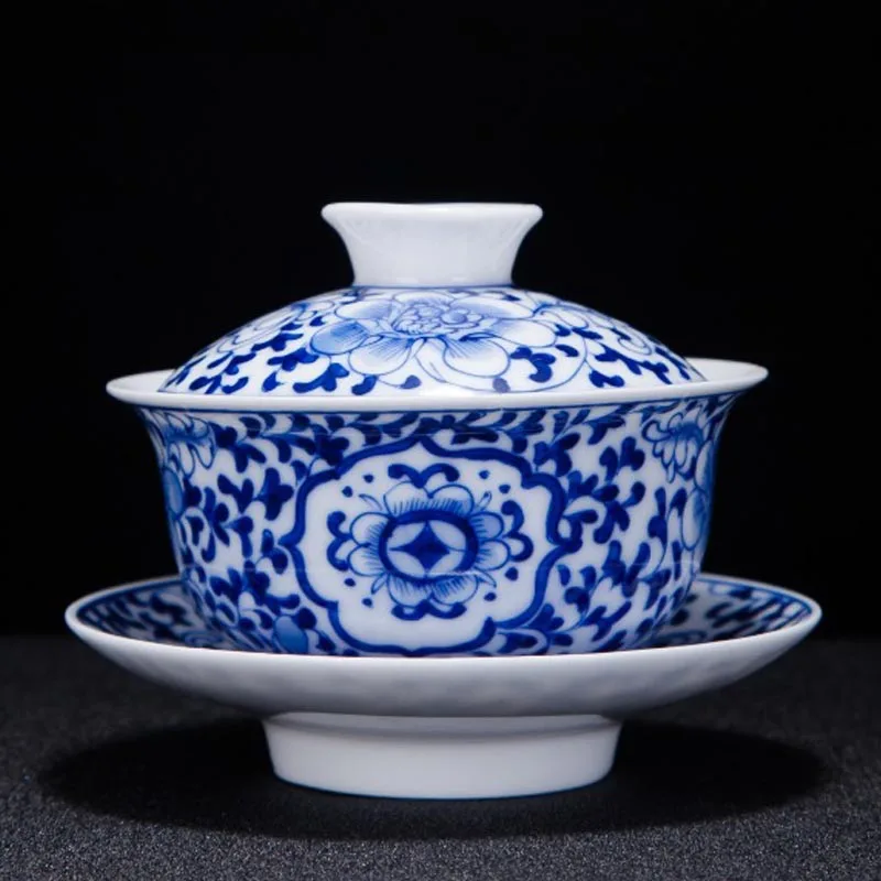 

Ручная роспись, сине-белая фарфоровая чайная чашка Gaiwan, Цзиндэчжэнь, керамическая чайная чашка, чашка Master, китайская зеркальная чайная чашк...