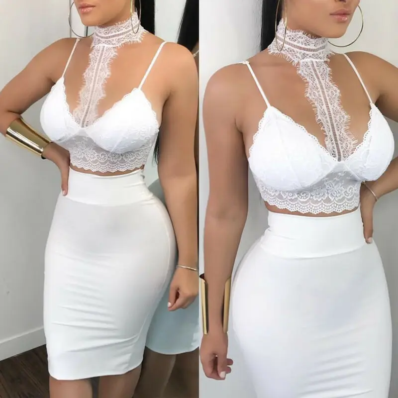 

Sexy Women's Dress Fashion 2 Piece Lace Bodycon Two Piece Crop Top And Skirt Set Bandage Dress Party Streetwear Sexy Clubwear