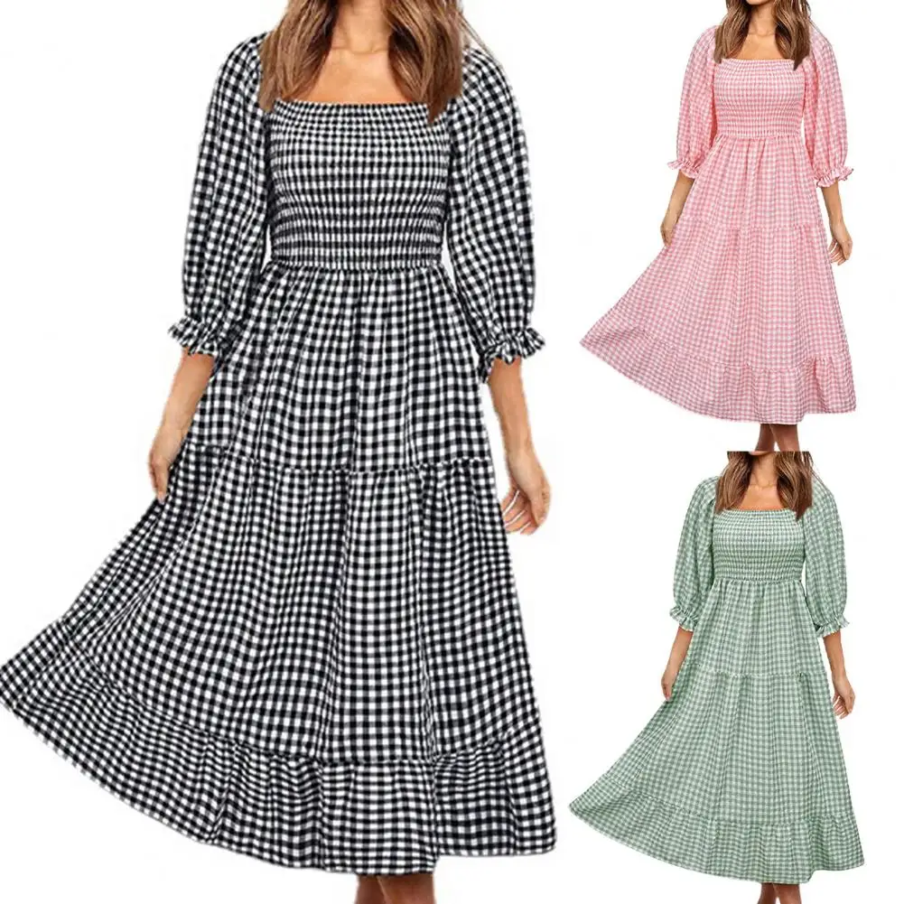 

Breathable Stylish Plaid Print Large Hem Midi Dress Soft Summer Dress Square Neck for Banquet