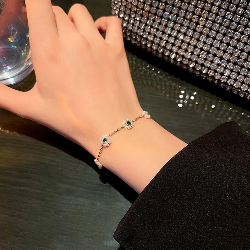 Женский браслет с жемчужинами позолоченный Изумрудный жемчуг 14 к | Украшения и