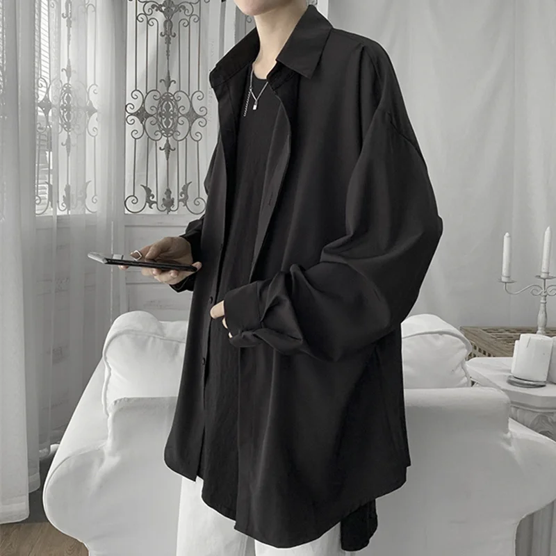 Casual Loose Shirts Korean Style Fashion Autumn Oversize Harajuku Long Sleeve Black Shirt Chemise Homme Men's Clothing DB60SH