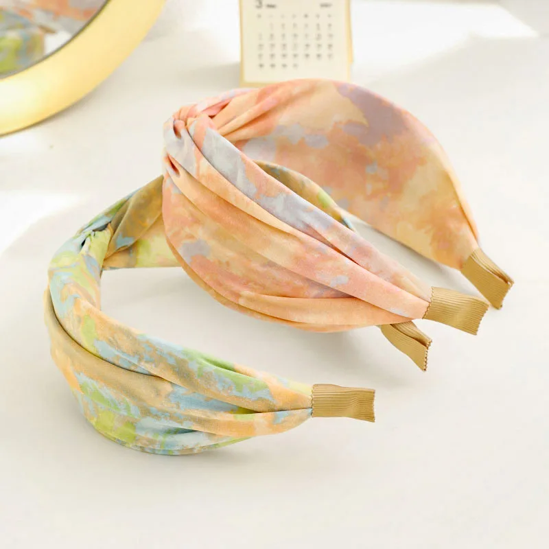 

2021 New Fashion Women Headwear Tie-dyed Fabric Headband Cross Fold Hairband Wide Side Turban Adult Hair Accessories