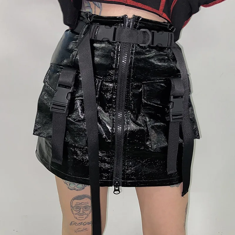 Женская мини-юбка Goth черная из искусственной кожи с кисточками и карманами