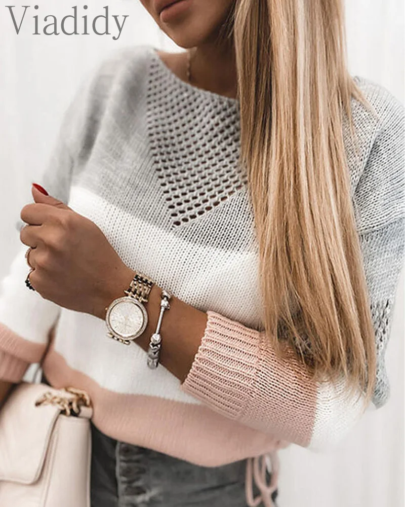 

Long Sleeve Pullover Color Block Knitted Jumpers Women Knitwear Sweater