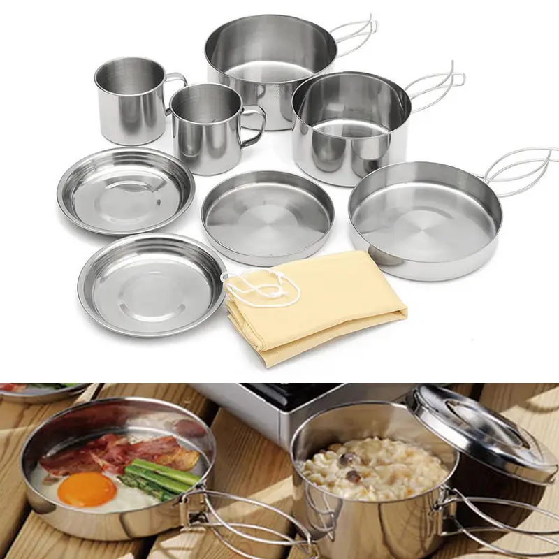 

Stainless Steel 8-Pieces Outdoor Camping Home Cookware Pots & Pans Set