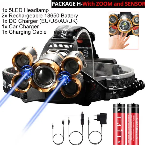 Package H 5000лм ИК датчик светодиодный налобный фонарь умный светильник 5/3 T6 с зумом Высокой Мощности Перезаряжаемый Фонарь для рыбалки 18650 головной фонарь Водонепроницаемый - Испускаемый цвет: Package H