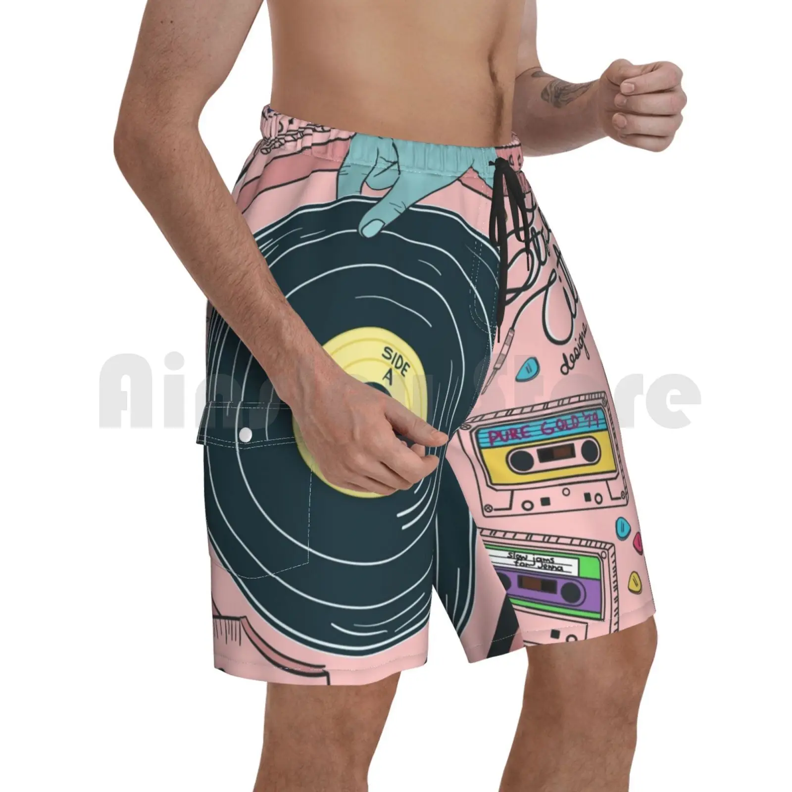 

Странный город Пляжные шорты мужские пляжные шорты для купания музыка виниловых пластинок розовый синий ручной солнцезащитных