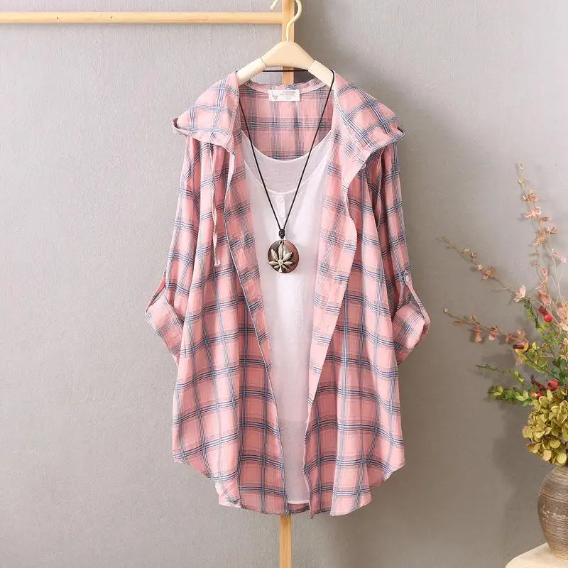 

Spring Summer Korean Loose Thin Long-sleeve Hooded Cardigan Anti-ultraviolet Breathable Plaid Print Sunscreen Shirt Women Y329