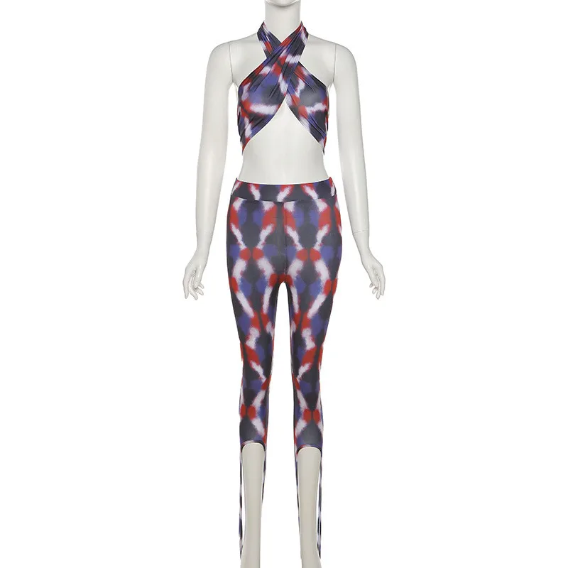 

Summer Sexy 2 Piece Sets Women Tracksuit Casual Backless Bandage Halter Vest And Sheath Pants Women Print Matching Sets Female