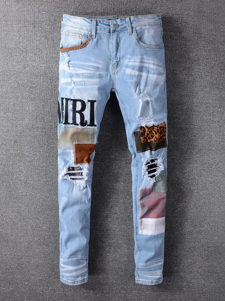 Fashion Patch Ripped Blue Jeans Men 