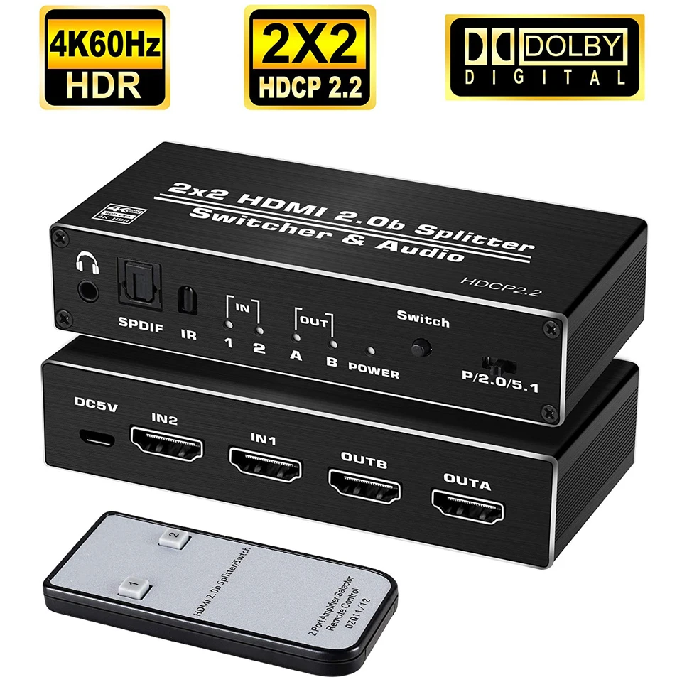 2019 4K HDMI 2 0 переключатель в выход @ 60 Гц 2x2 сплиттер с оптическим Toslink SPDIF & 3 5 мм