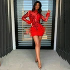 Платье мини для выпускного Sevintage, с длинным рукавом, с перьями, блестками, с высоким воротом, для выпускного вечера