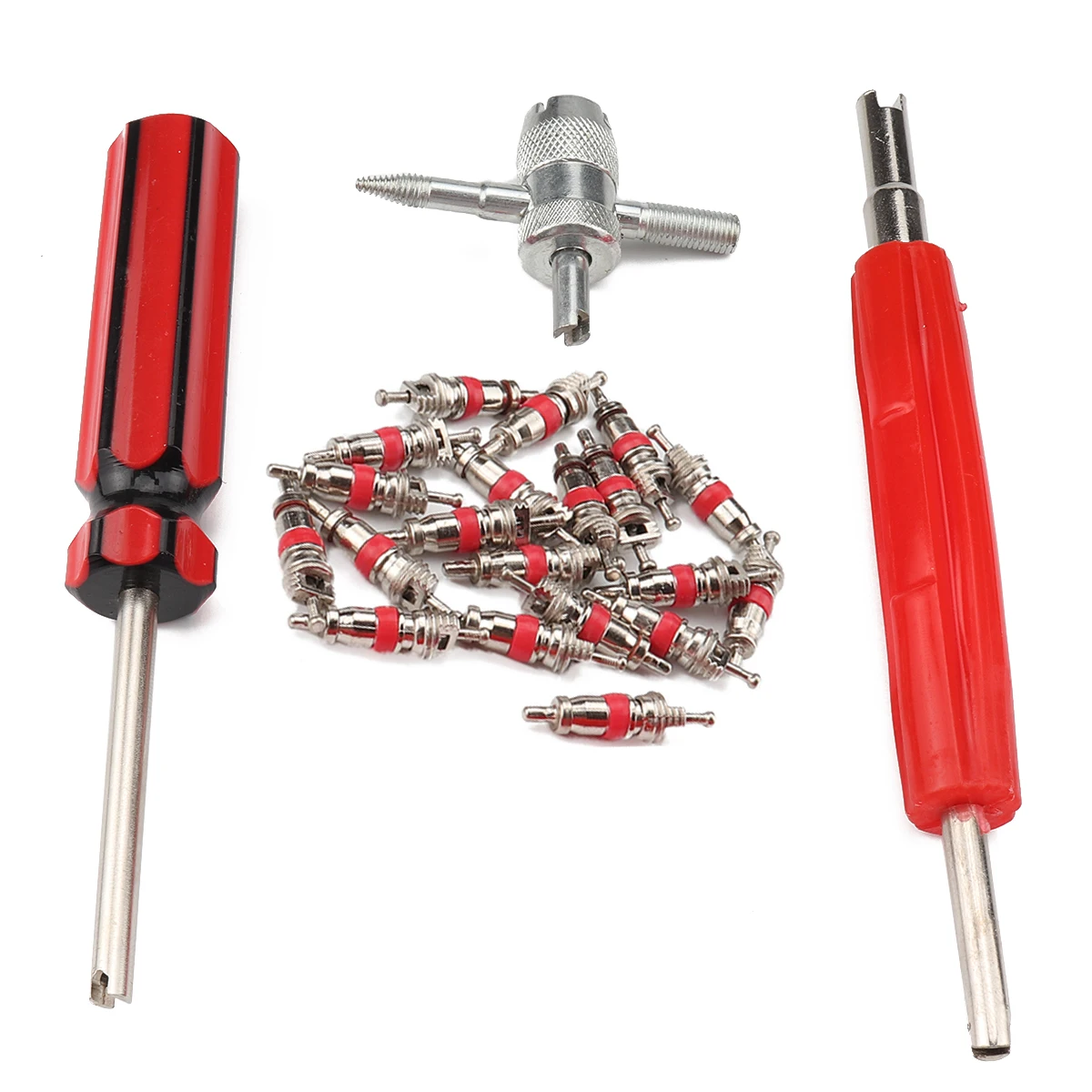 

Tire Valve Repair Tool Set, Dual Single Head Valve Core Remover Tools & 4-Way Valve Tool & 20 Pcs Brass Valve Cores