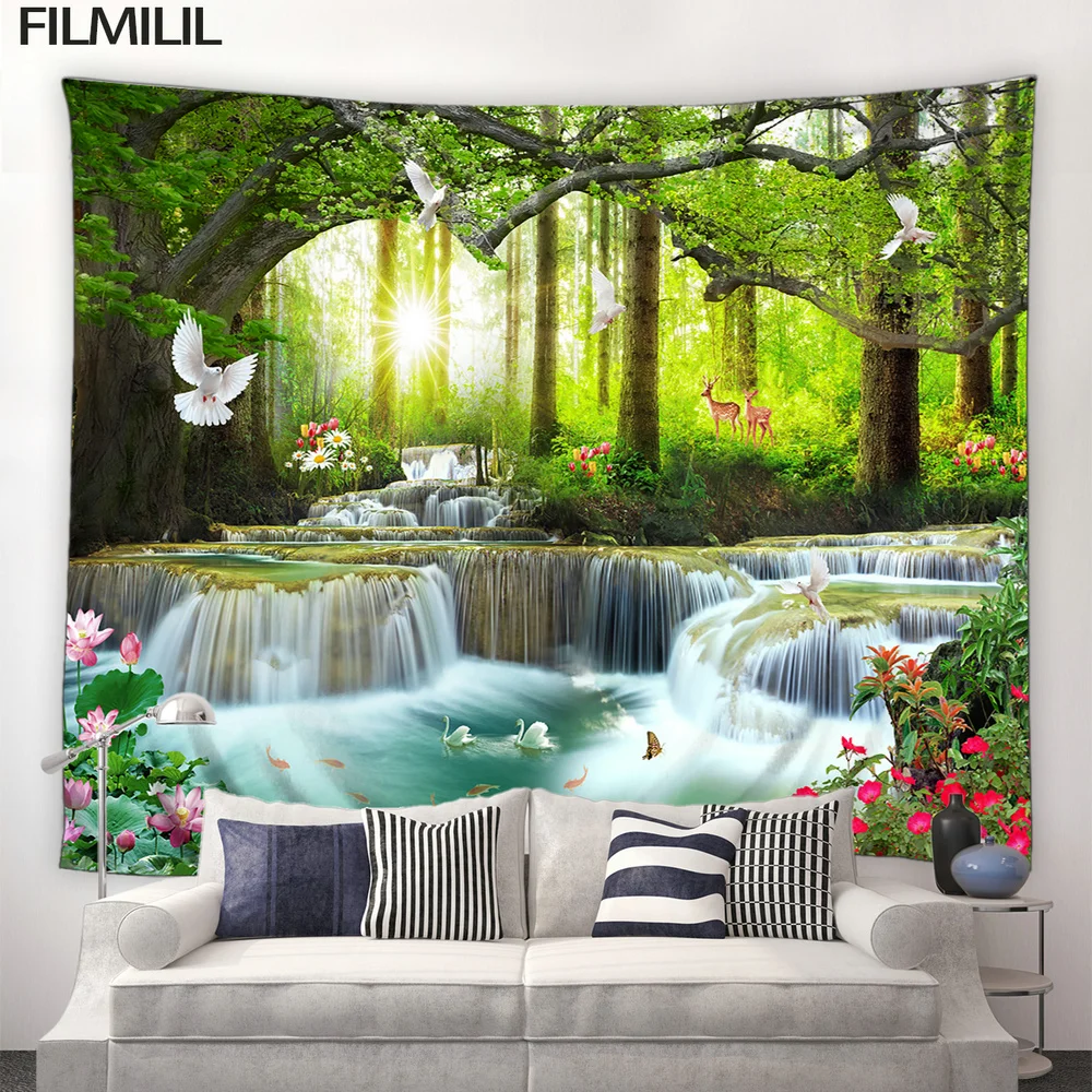 

3D Forest Waterfall Tapestry Mural Green Trees Plants Flowers Natural Landscape Tapestries Home Wall Hanging Picnic Mat Blanket