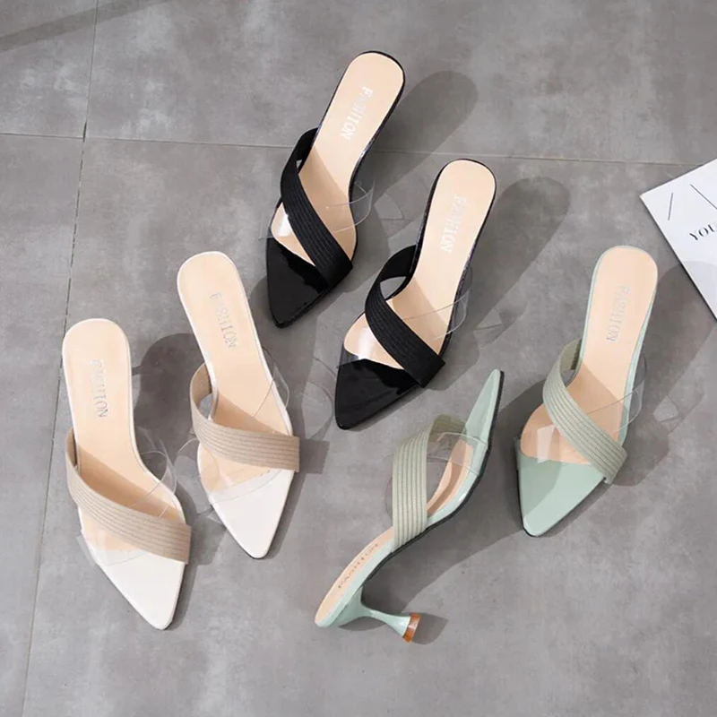 

Мюли женские без шнуровки, сандалии-гладиаторы, заостренный носок, высокий каблук 6 см, обувь для вечерние, бежевые, черные, на лето