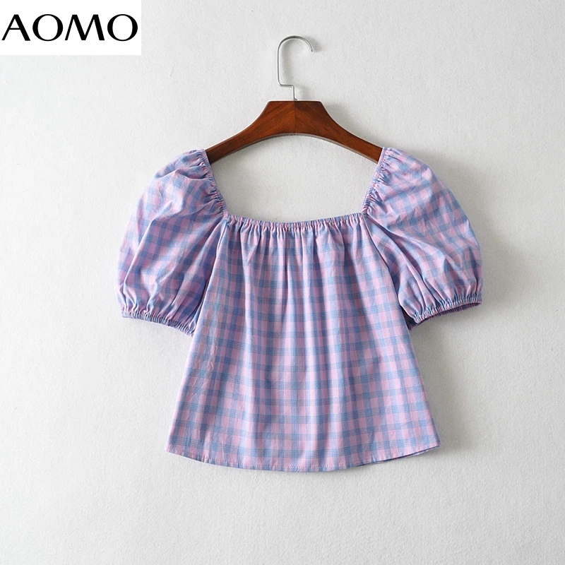

AOMO women retro plaid print crop shirt short sleeve 2020 summer chic female sexy slim shirt tops AY137A