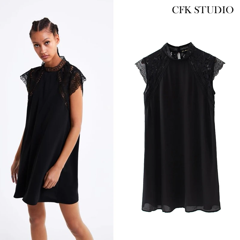 Женское шифоновое платье-рубашка с кружевной вышивкой Za однотонное элегантное