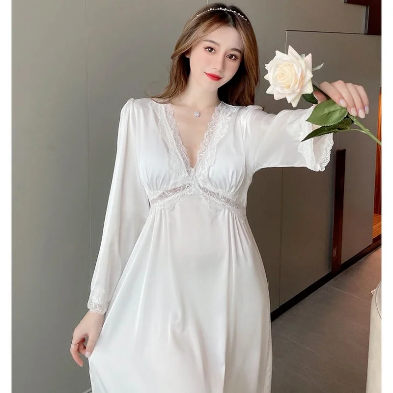 QWEEK Night Dress Women Sleepwear Pink White Solid Color Nightgowns V Neck Lace Sexy Sleep Dress Sleepshirts Knee Length Autumn