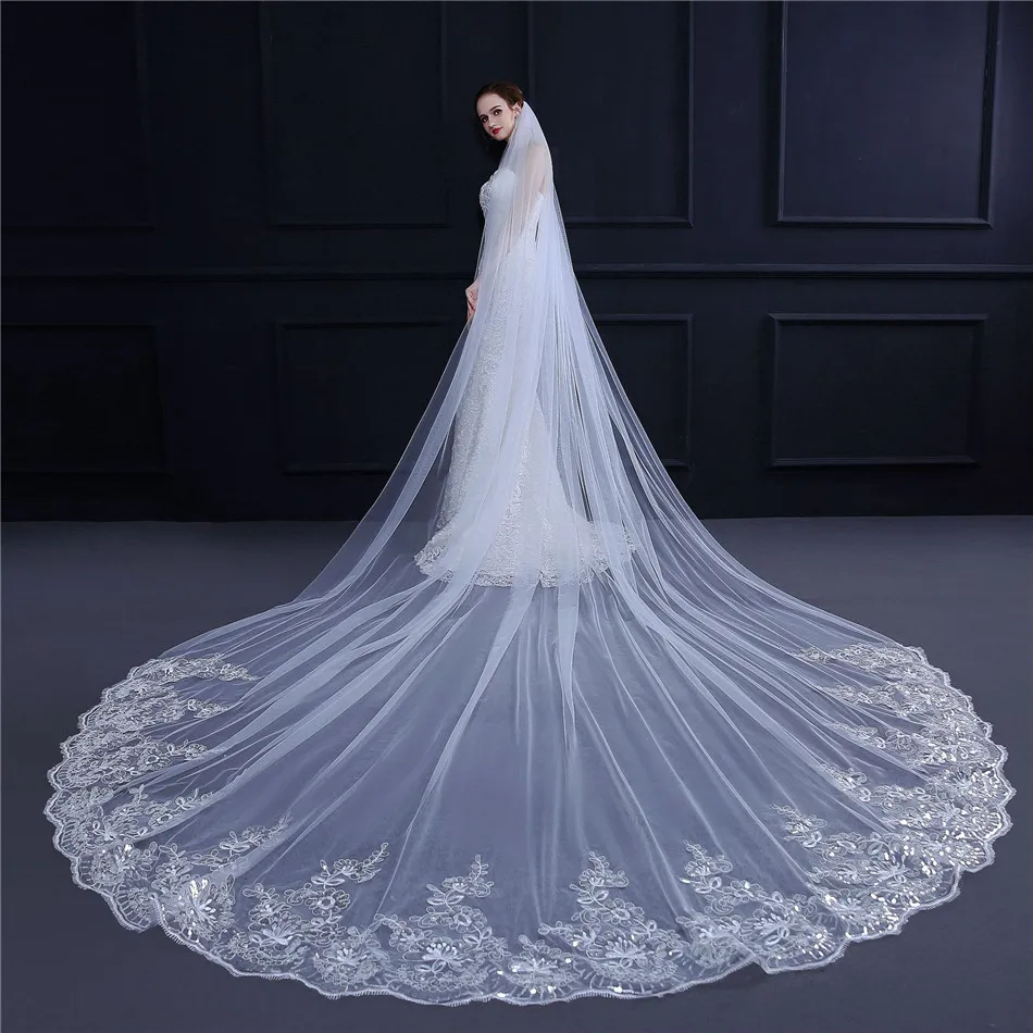 

Long Cathedral Lace Appliques Wedding Veils With Comb Formal 4M Long Women Bridal Headpieces Bride's Veil