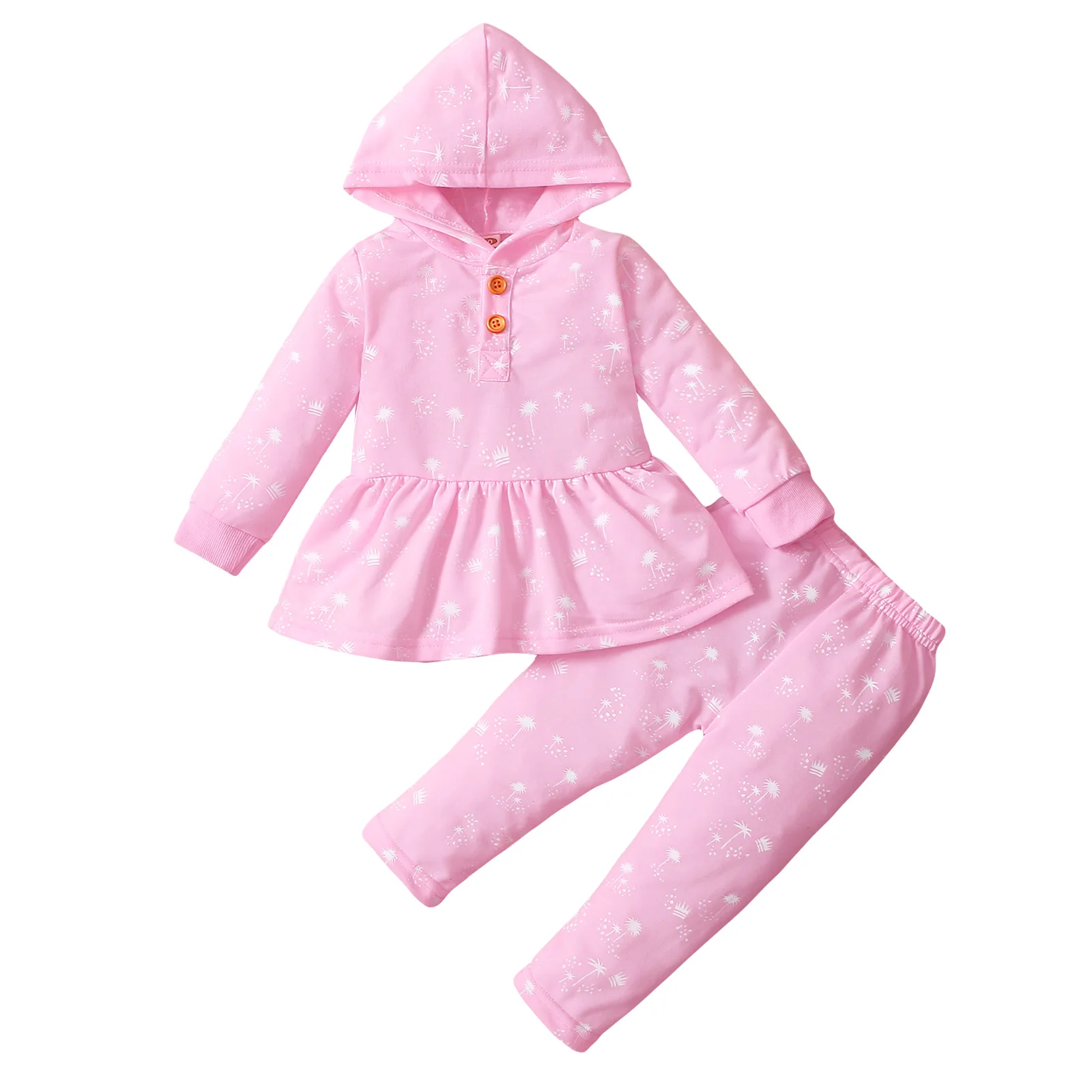 

Children Dandelion Print Autumn Cotton Clothes Casual Set Baby Girls Long Sleeve Large Hem Hooded Tops Elastic Waist Trousers