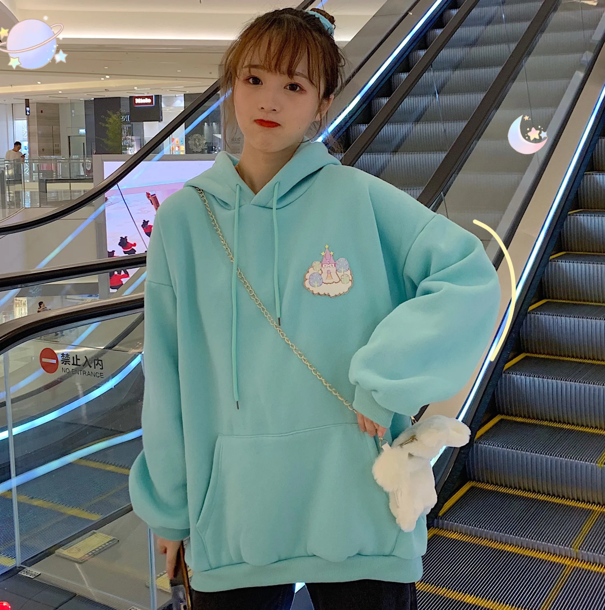Осень Harajuku Kawaii толстовки Лолита милый замок шаблон печати пуловер плюс толстый