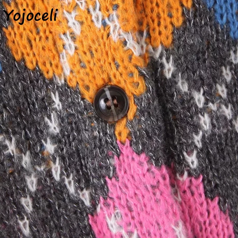 

Yojoceli geometric plaid knit sweater cardigan women round neck casual loose jumper outerwear streetwear 2019