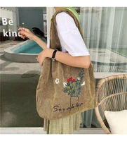 women embroidery canvas shopping bags lady corduroy shoulder bag large capacity eco cotton cloth handbag tote