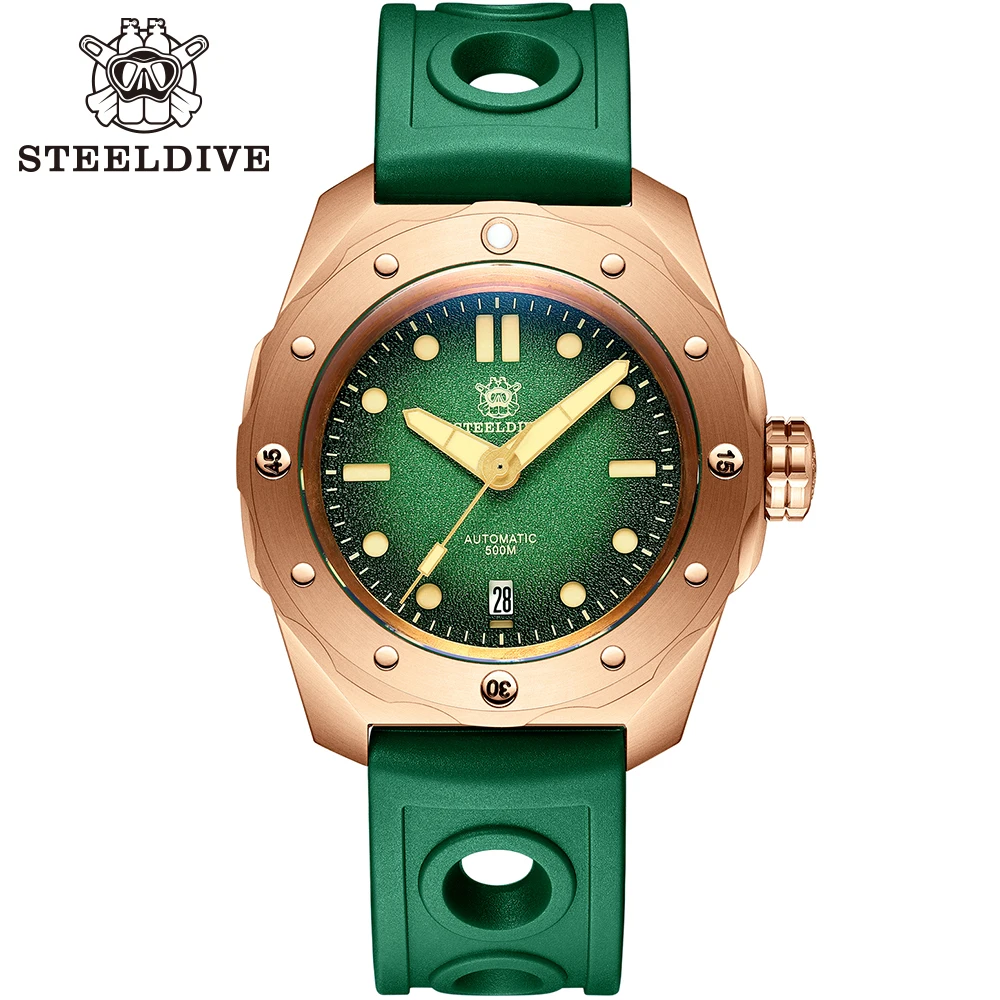 

Часы STEELDIVE с зеленым циферблатом 46 мм, чехол из бронзы CUSN8, водонепроницаемые до 500 м, механические наручные часы NH35 с автоматическим механизм...
