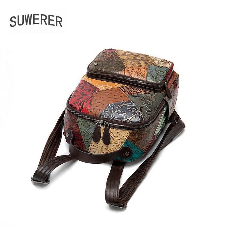 

SUWERER New Cowhide bag fashion Random stitching Genuine Leather women backpack genuine cowhide leather backpack women bags