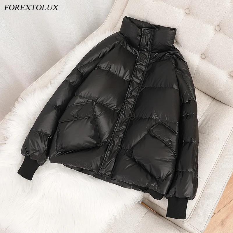 

White Duck Down Jacket Female Loose Fit Oversize 90% Coat Winter Snow Jackets Big Pocket 2021 Fashion New Women