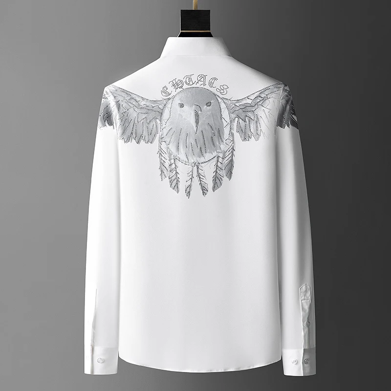

Орел Горячие Стразы Мужская рубашка 2021 осень с длинным рукавом Тонкая Повседневная рубашка мужская деловая формальная рубашка уличная оде...