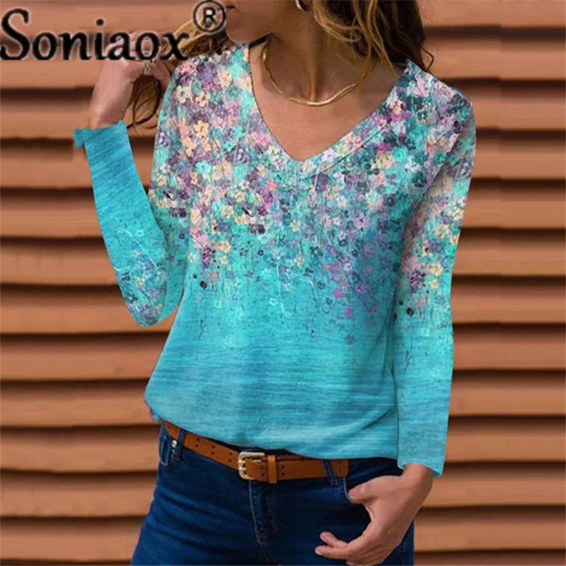 

Ladies Tops Women Floral Print T Shirt Loose V-Neck Long Sleeve Casual Tee Top Autumn New Streetwear