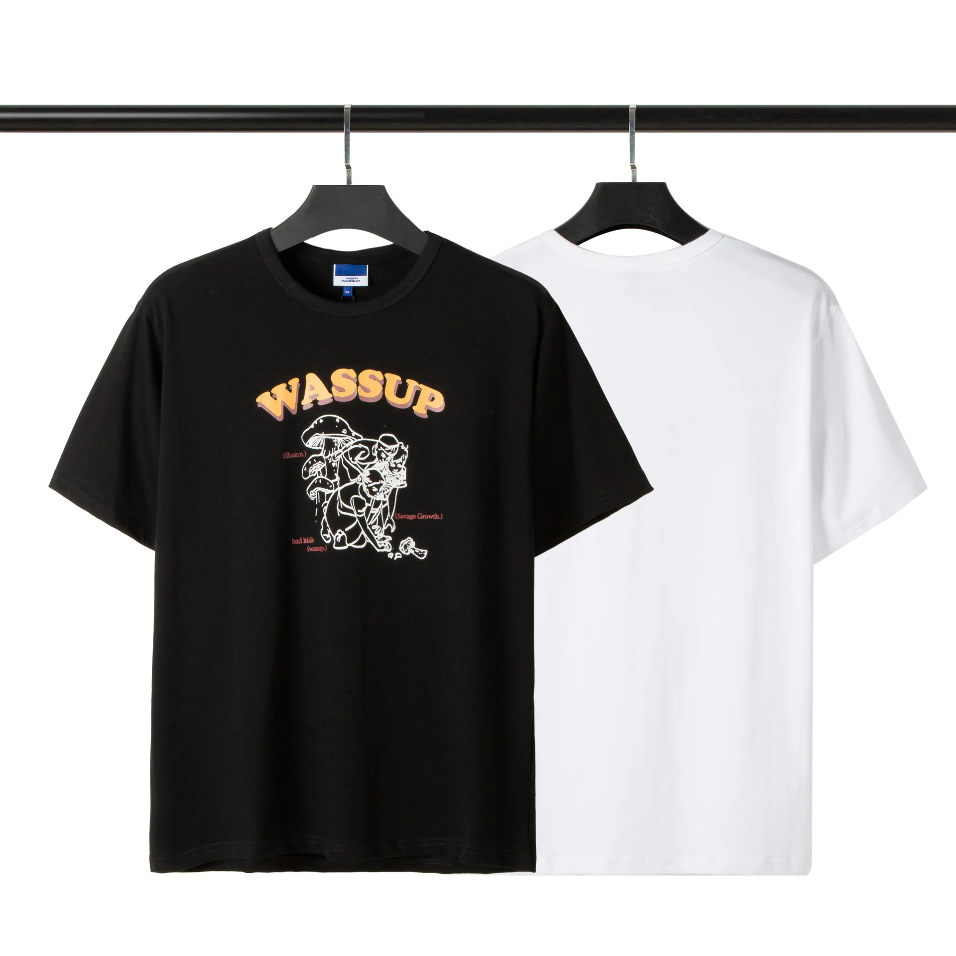 

21ss Spring Summer Fashion Brand New National Fashion Wassup Mushroom Picking Printed Letter Loose Casual Couple T-shirt