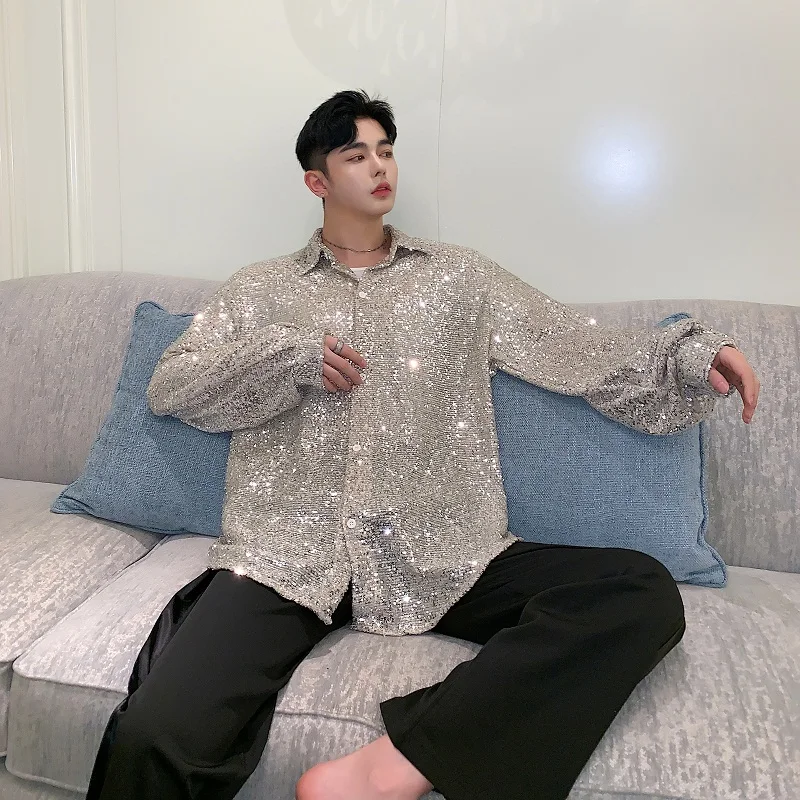 Мужская Блестящая футболка с длинным рукавом винтажная свободная