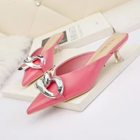 pointed toe women sandals slippers thin mid heels shallow slip on mules shoes solid color metal chain fashion outdoor slides