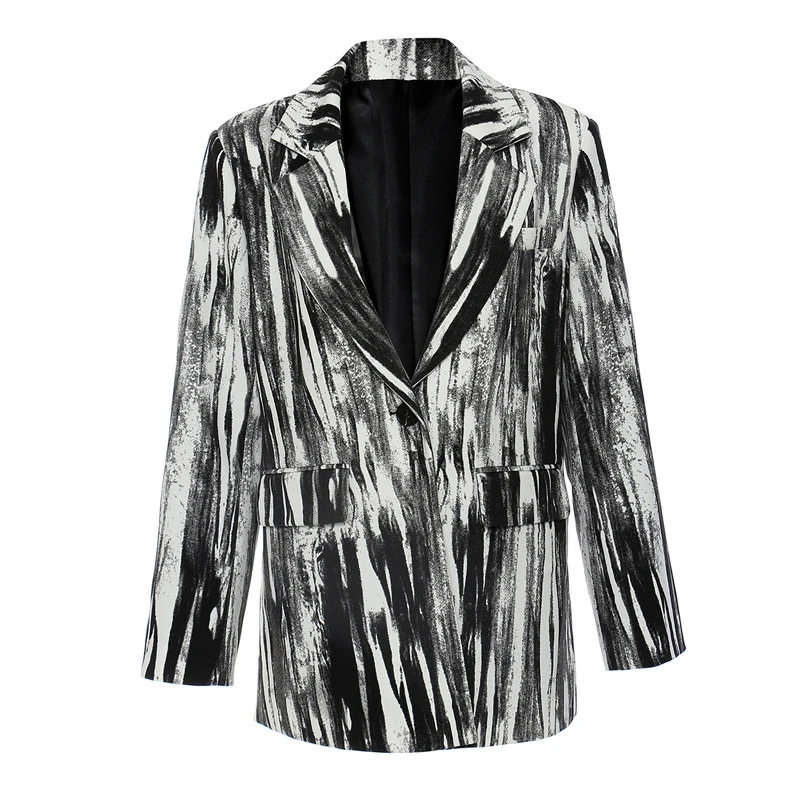 

2021 autumn and winter new style retro ink tie-dye suit jacket women's fashion lapel one button loose casual clip gram top bing