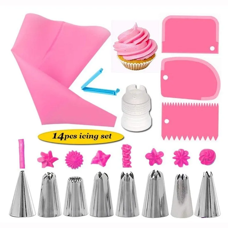 

14PCS Silicone Kitchen Accessories Icing Piping Cream Pink Pastry Bag Stainless Steel Nozzle DIY Cake Decorating Tips