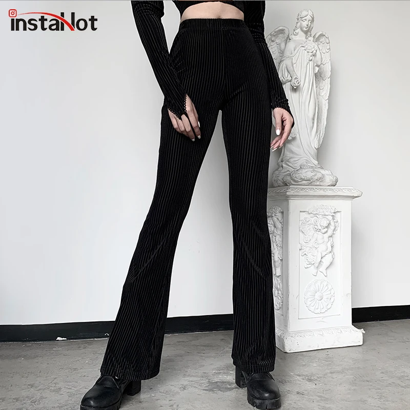 

InstaHot Black Velvet Stripe Flare Pants High Waist Elastic 5%Spandex Legging Casual Trouser Autumn Elegant Pants Women Capris