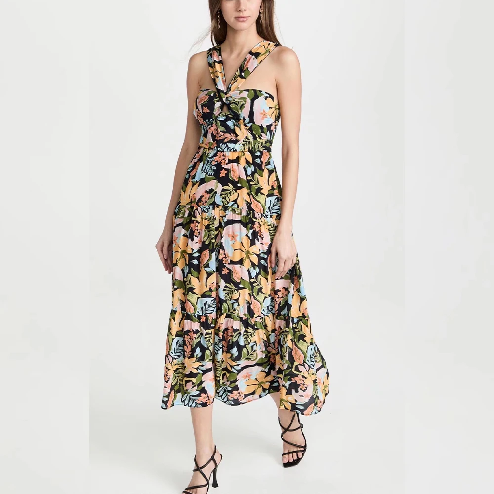 

Za Women 2022 New Chic Fashion Folding sling print Midi Dress Vintage Sleeveless Wide Straps Female Dresses robe Mujer