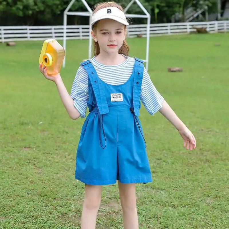 

2 Piece Clothing Set For Girls Summer Casual Stripe T Shirts And Overalls Outfits Children 2 PCS Sports Style Clothes Suit 5-14Y