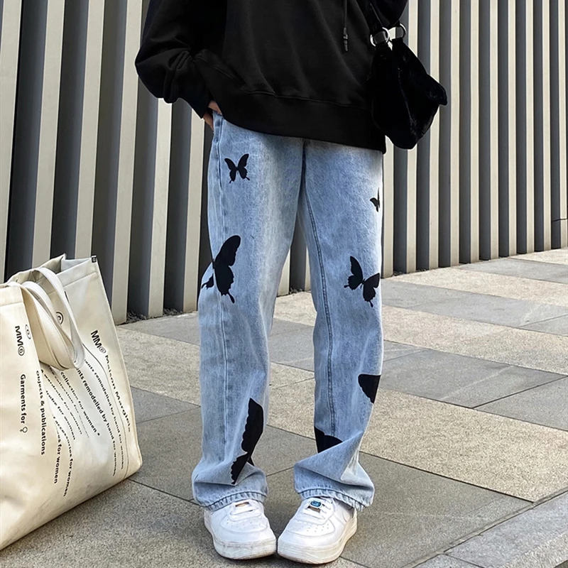 

Женские винтажные джинсы Harajuku, джинсовые брюки с бабочкой и принтом, прямые мешковатые джинсы с высокой талией, Корейская Повседневная Улич...