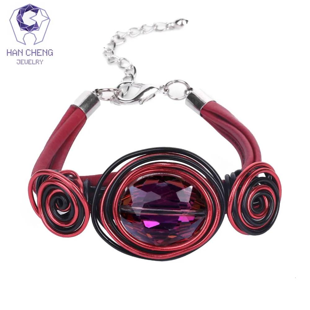 

Браслет женский из кожаной проволоки, с бусинами и кристаллами