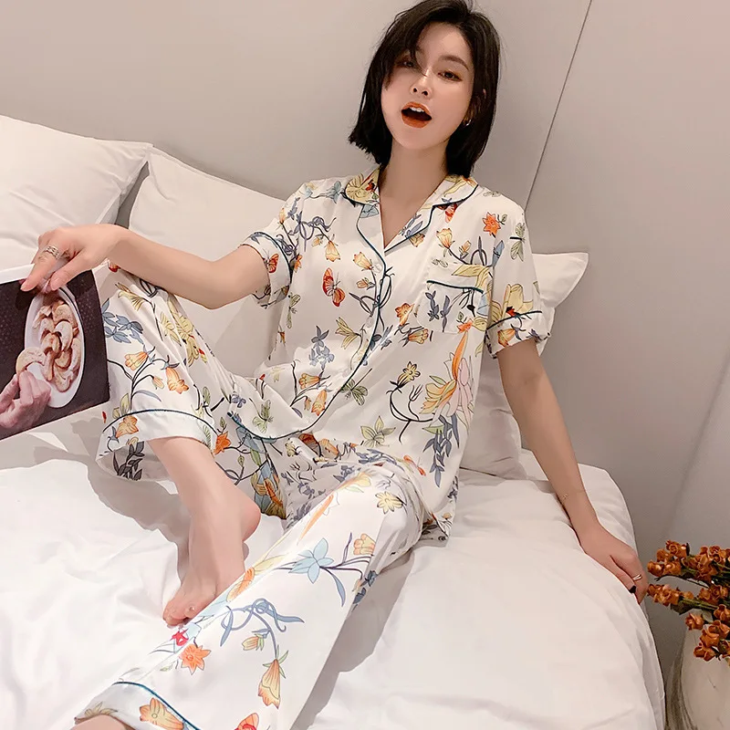 

Women Spring Autumn New Nightwear Pajamas Print Satin 2PCS Shirt&Pants Casual Sleepwear Home Clothes Silky Kimono Robe Gown
