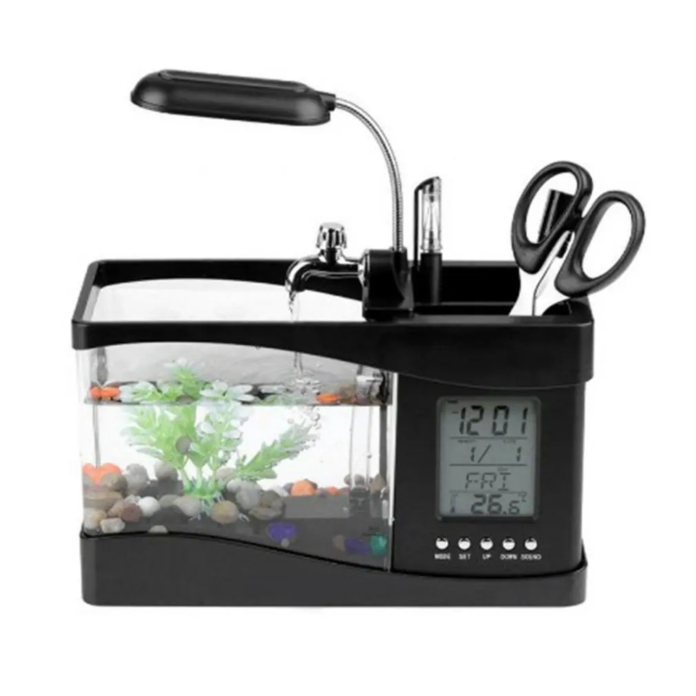 

USB Desktop Mini Aquarium Fish Tank Beta Aquarium with LED Light LCD Display Screen and Clock Fish Tank Decoration with Pebbles