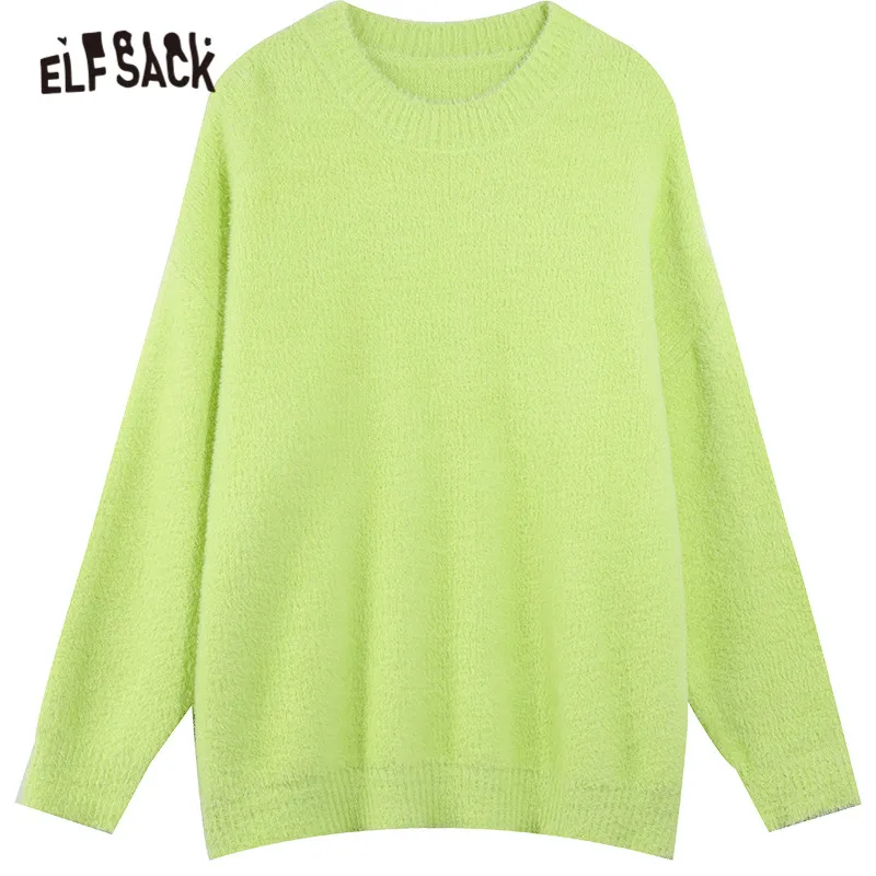 

ELFSACK Solid Pure Casual Pullover Warmness Sweater Women,2021 Winter Vintage Minimalist Korean Ladies Basic Daily Soft Top