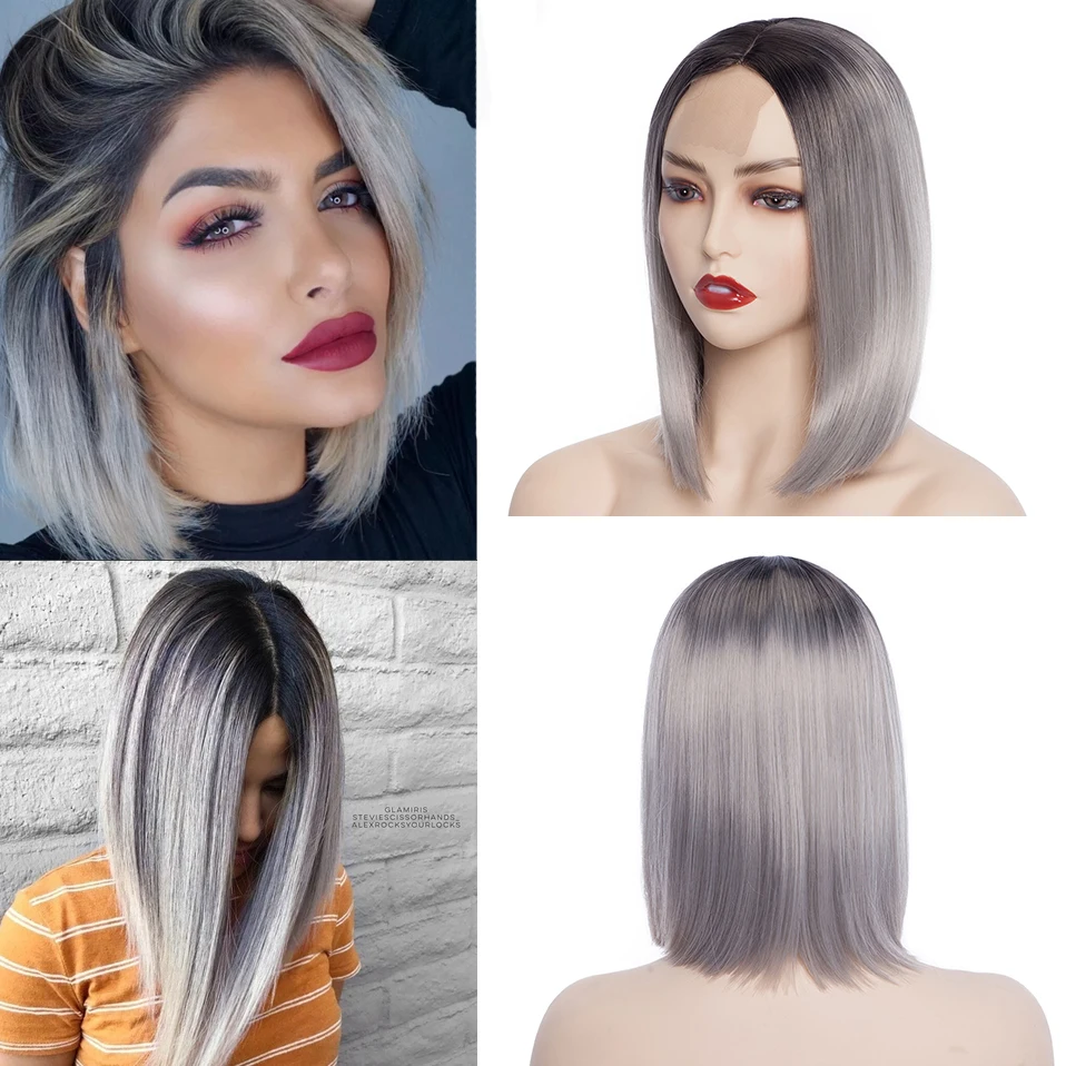 

KEKO Ombre To Grey Short Bob Wig U Part Lace Wig For Women Straight Bob Hair Wig With Bangs Heat Resistant Synthetic Hair