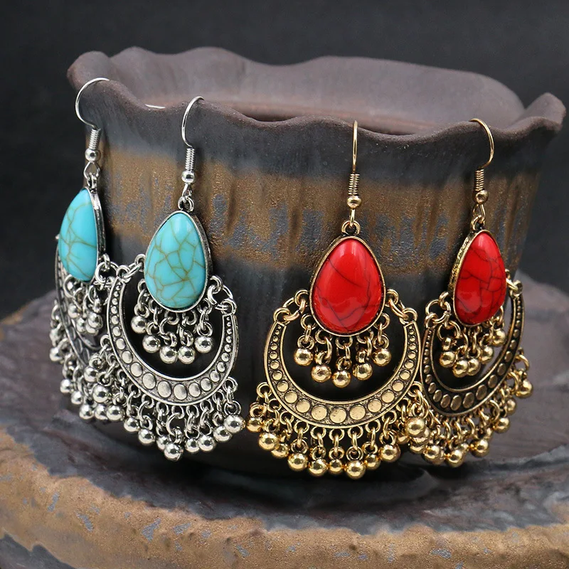 Этнические серебряные серьги jhumka с красным и синим камнем модные Эффектные для